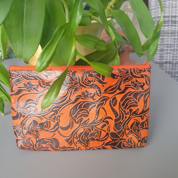 Ishka Handbags - Ishka  orange and brown tooled animal clutch